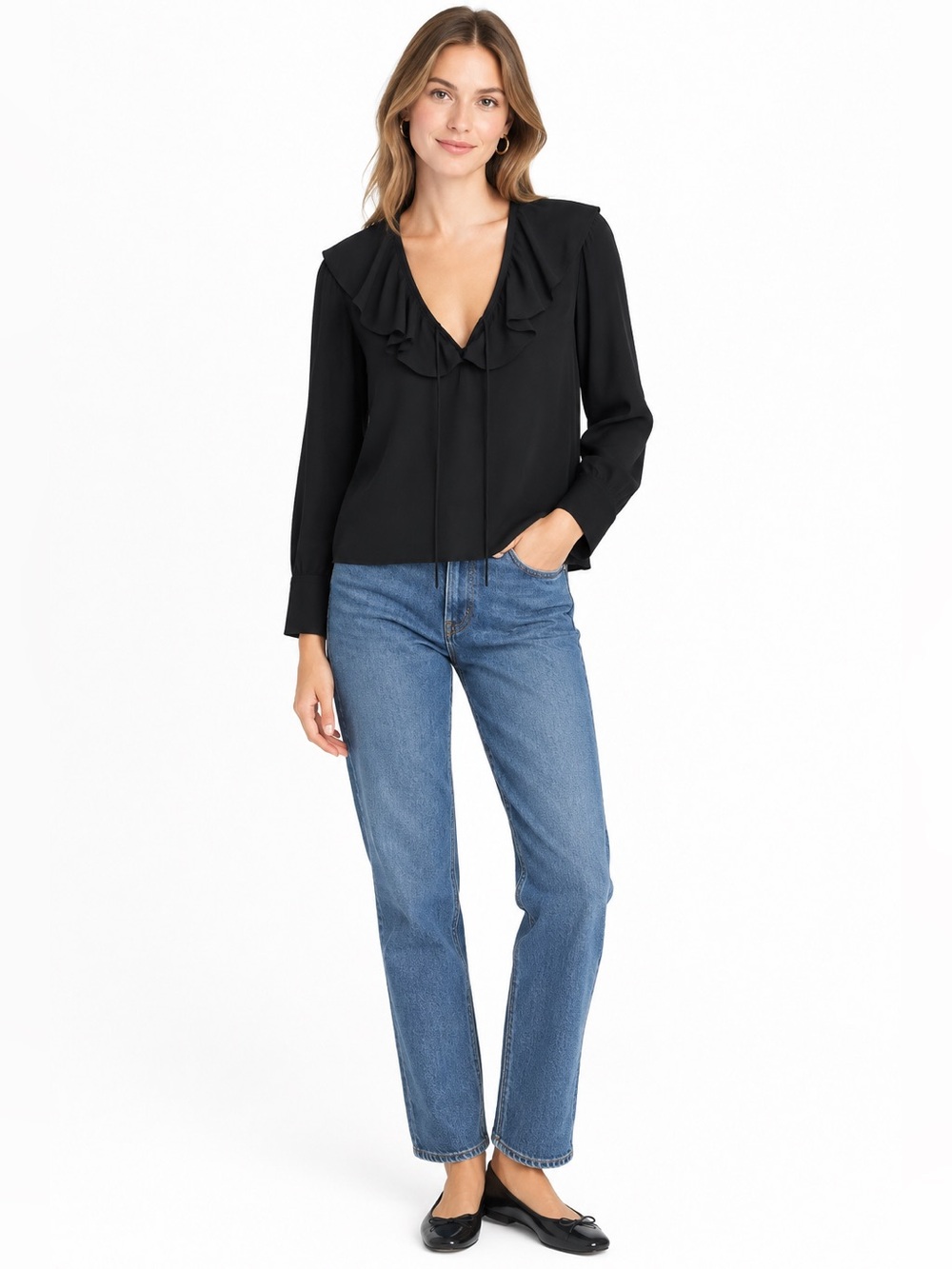 J Crew women’s Goldie top in viscose satin long sleeve v neck black Size M NWT